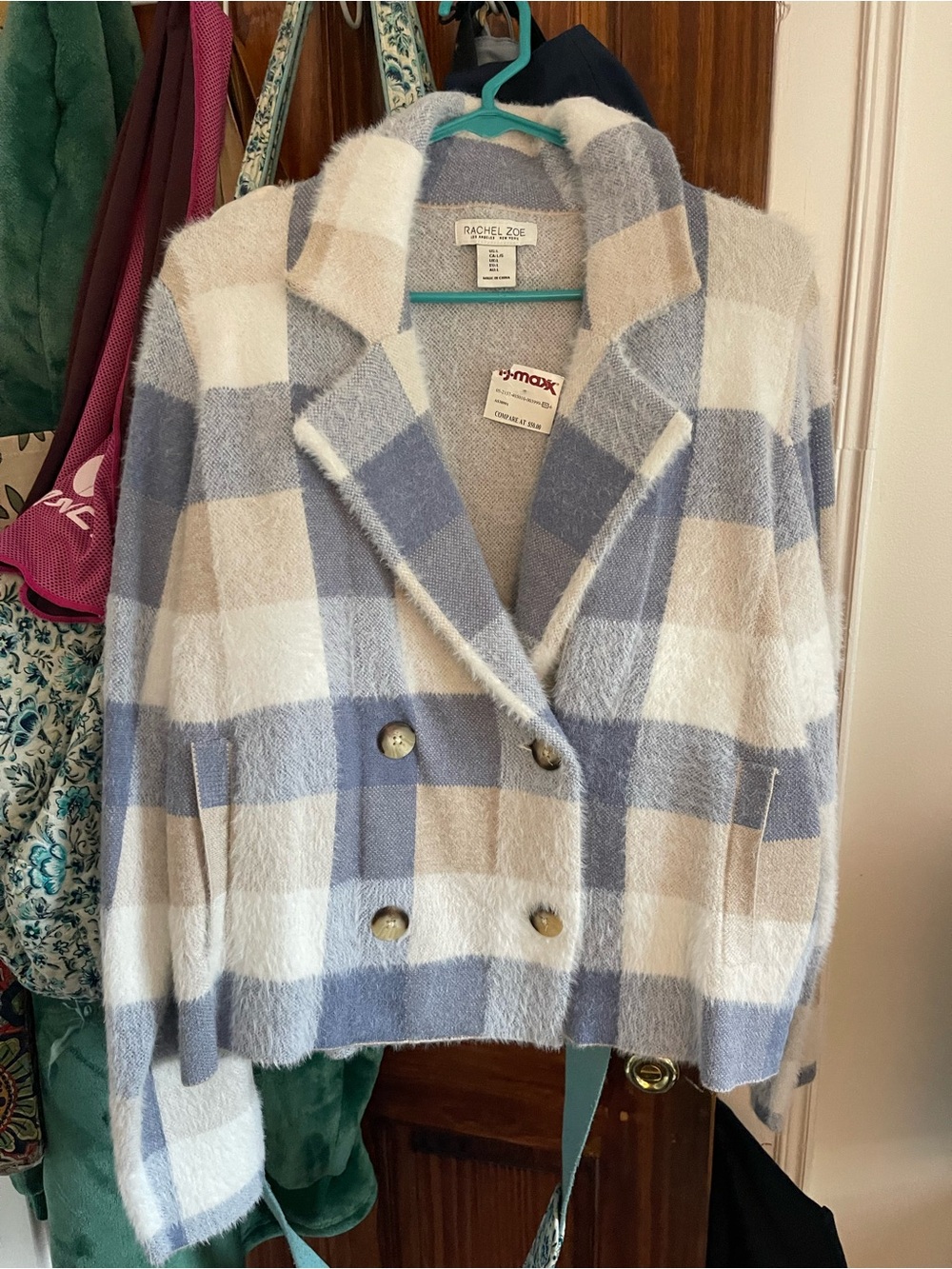 Rachel Zoe Blue and Cream Plaid Double-Breasted Cardigan Blazer